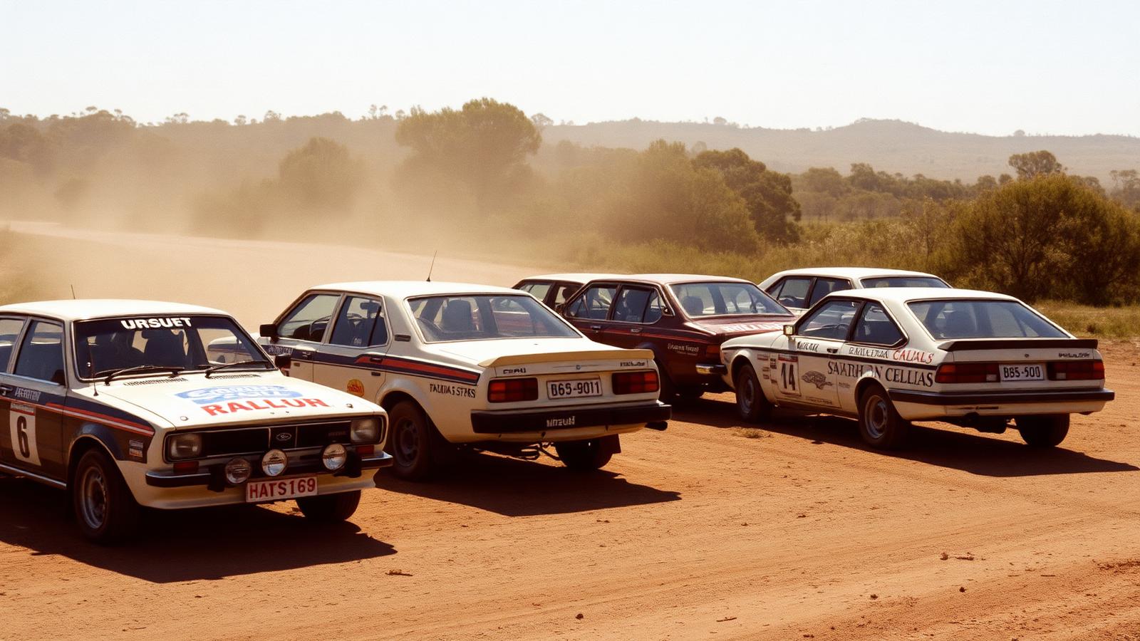 Lineup of historic rally cars at a service area